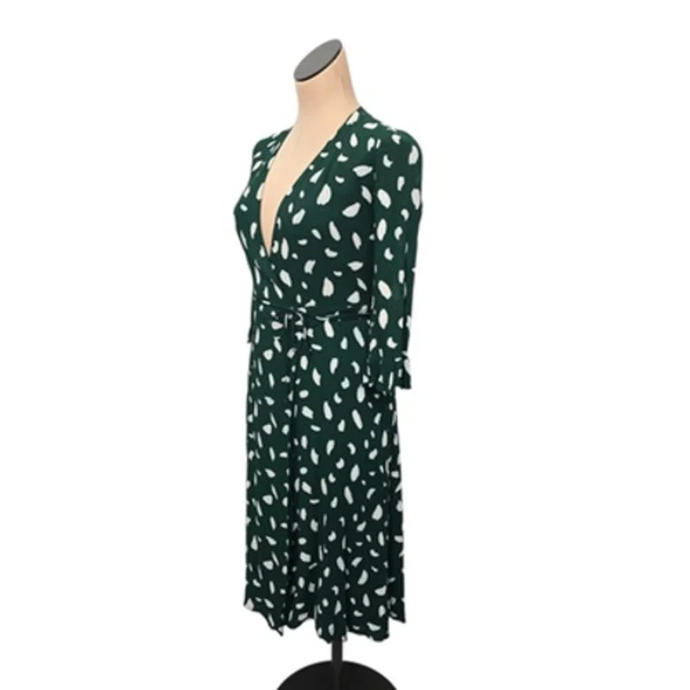 Reformation Dress Womens Small Green Wrap Midi 3/4 Sleeve‎ Tie Waist Dot Print - Picture 9 of 11